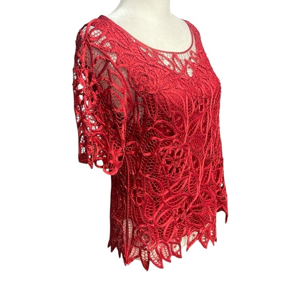 Silken Poetry Vintage 100% Silk Blouse Size M Merlot Red Lace Overlay Party Date - Picture 4 of 10